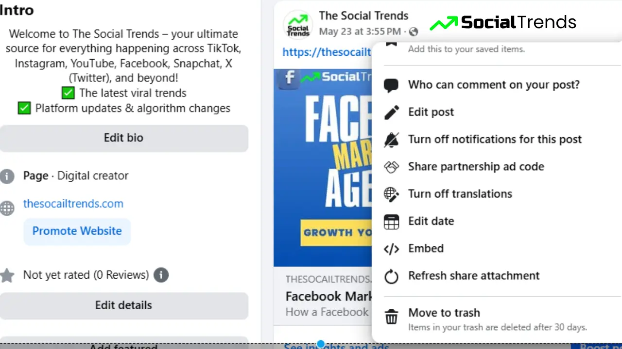 How to Delete a Facebook Post in 2025 6 Facebook desktop interface showing user clicking Move to Trash or Delete to remove a post in 2025