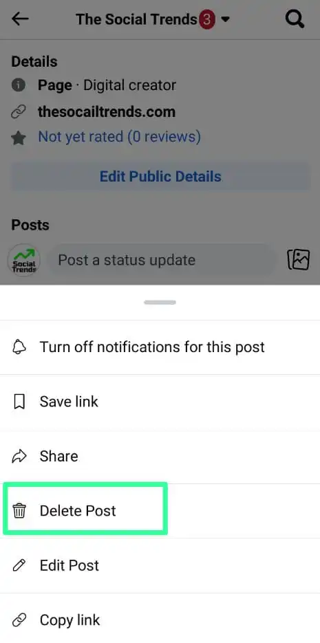 How to Delete a Facebook Post in 2025 4 User tapping the Delete button to remove a Facebook post in the 2025 mobile app interface