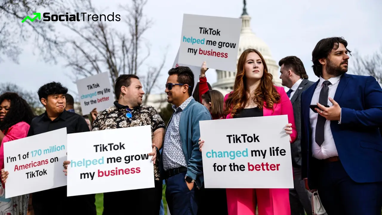 A person holding a phone with the TikTok logo on screen, with a background showing the U.S. Capitol, symbolizing the proposed TikTok ban legislation and its political implications